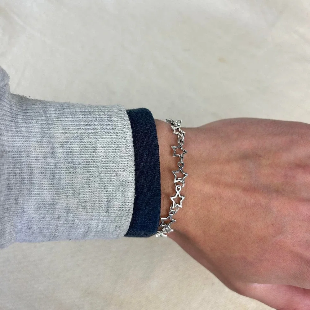 Vintage style stainless steel silver star chain bracelet cyber grunge punk